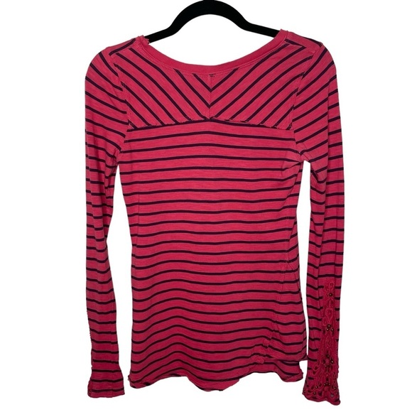 Free People Hard Candy Striped Henley Red Crochet Cuffs - Picture 5 of 14